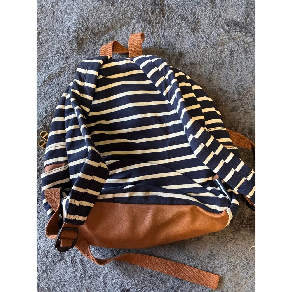 Madden Girl Striped Canvas Backpack Navy White Gold Zip School Travel Bag